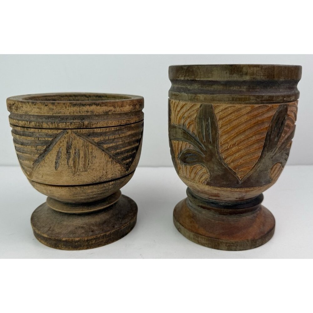 Vintage Wooden Hand Carved Pedestal Mortar/Cup/Vase Set Of 2‎ Rustic